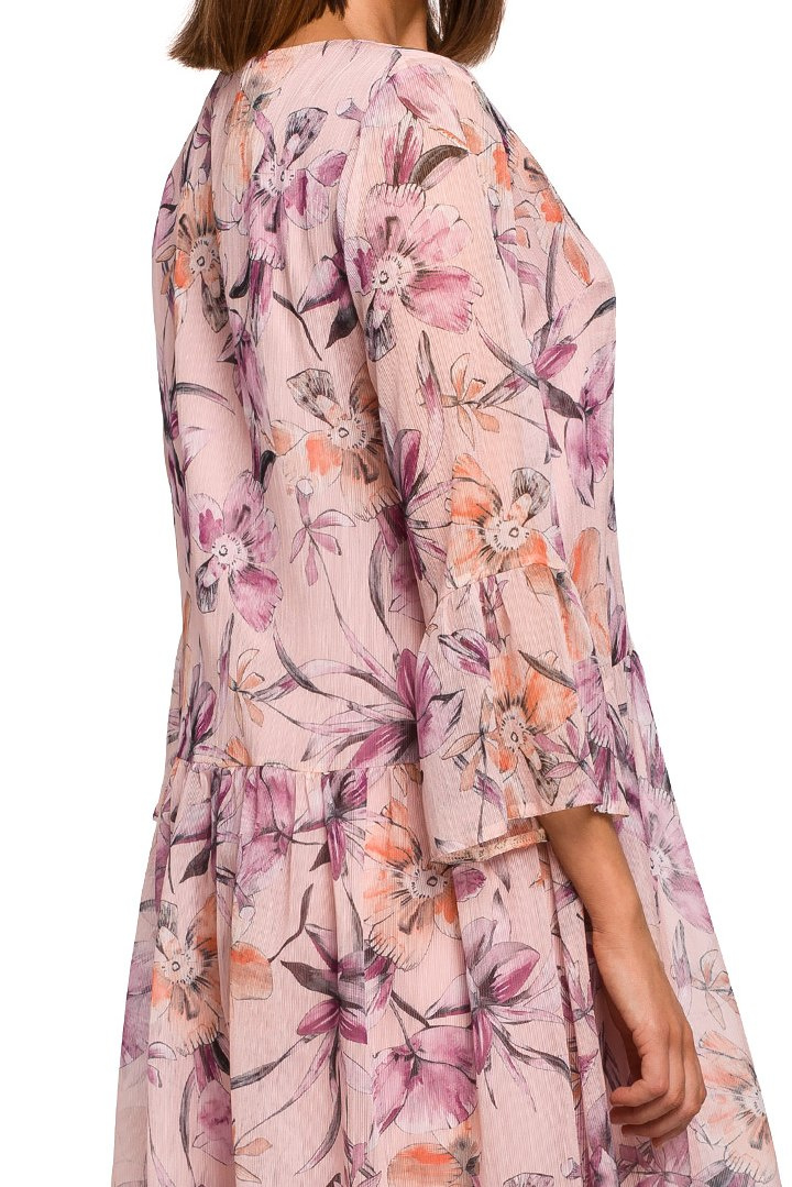 Sukienka szyfonowa midi w kwiaty z krótkim rękawem dekolt V m2 S215