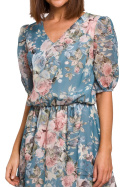 Sukienka szyfonowa midi w kwiaty z krótkim rękawem dekolt V m4 S215