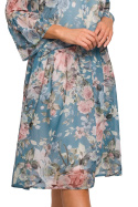 Zwiewna sukienka szyfonowa midi w kwiaty dekolt V rękaw 3/4 m4 S214