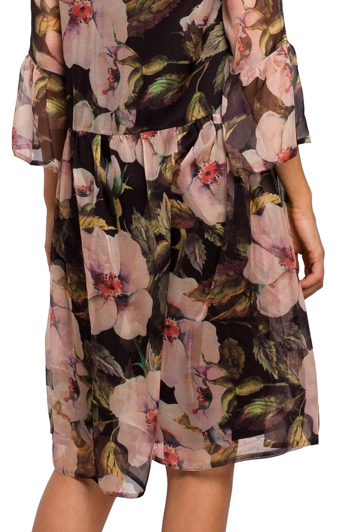Zwiewna sukienka szyfonowa midi w kwiaty dekolt V rękaw 3/4 m3 S214