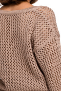 Luźny sweter damski splot z dużymi oczkami dekolt V beżowy S219