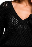 Luźny sweter damski splot z dużymi oczkami dekolt V czarny S219