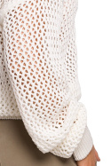 Luźny sweter damski splot z dużymi oczkami dekolt V ecru S219