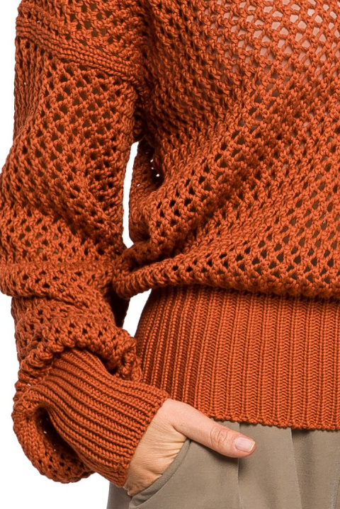 Luźny sweter damski splot z dużymi oczkami dekolt V pomarańczowyS219 Luźny sweter damski splot z dużymi oczkami dekolt V pomarańczowyS219