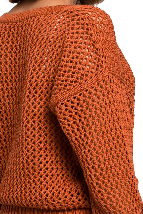 Luźny sweter damski splot z dużymi oczkami dekolt V pomarańczowyS219 Luźny sweter damski splot z dużymi oczkami dekolt V pomarańczowyS219