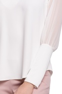 Bluzka damska luźna z długim bufiastym rękawem dekolt V ecru K066