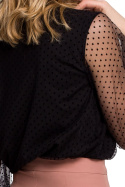 Bluzka damska w groszki z bufiastymi rękawami wiązana czarna K057