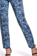 Spodnie damskie cygaretki w kwiaty z paskiem i gumą niebieskie K053