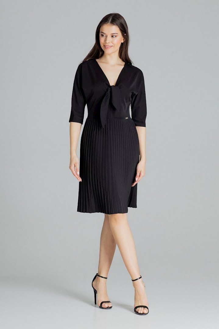 Lekka sukienka plisowana midi zapinana z krótkim rękawem czarna L076