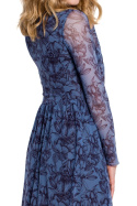 Sukienka rozkloszowana midi z siatki nadruk w kwiaty niebieska K064