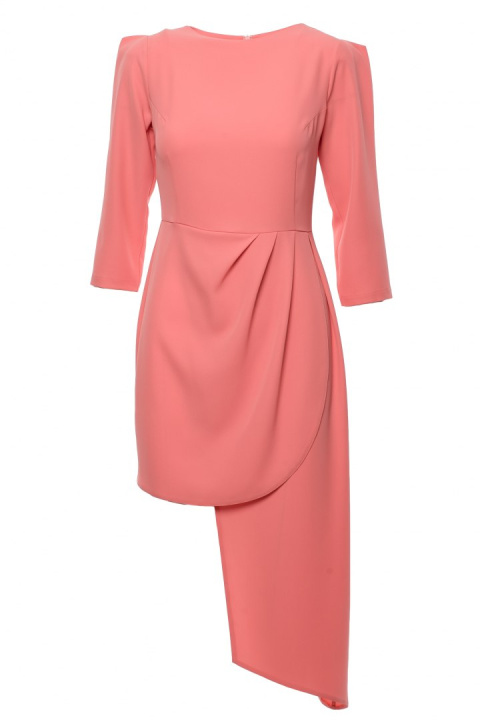 Elegancka sukienka dopasowana góra asymetryczny dół pomarańczowa K047 Elegancka sukienka dopasowana góra asymetryczny dół pomarańczowa K047