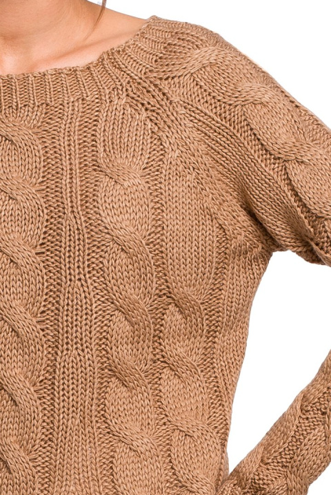 Sweter damski ażurowy dekolt łódka lekko dopasowany beżowy me511 Sweter damski ażurowy dekolt łódka lekko dopasowany beżowy me511