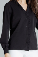 Prosta bluzka damska z długim rękawem zapinana na guziki czarna L077