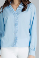 Prosta bluzka damska z dekoltem w serek oraz długim rękawem niebieska L077