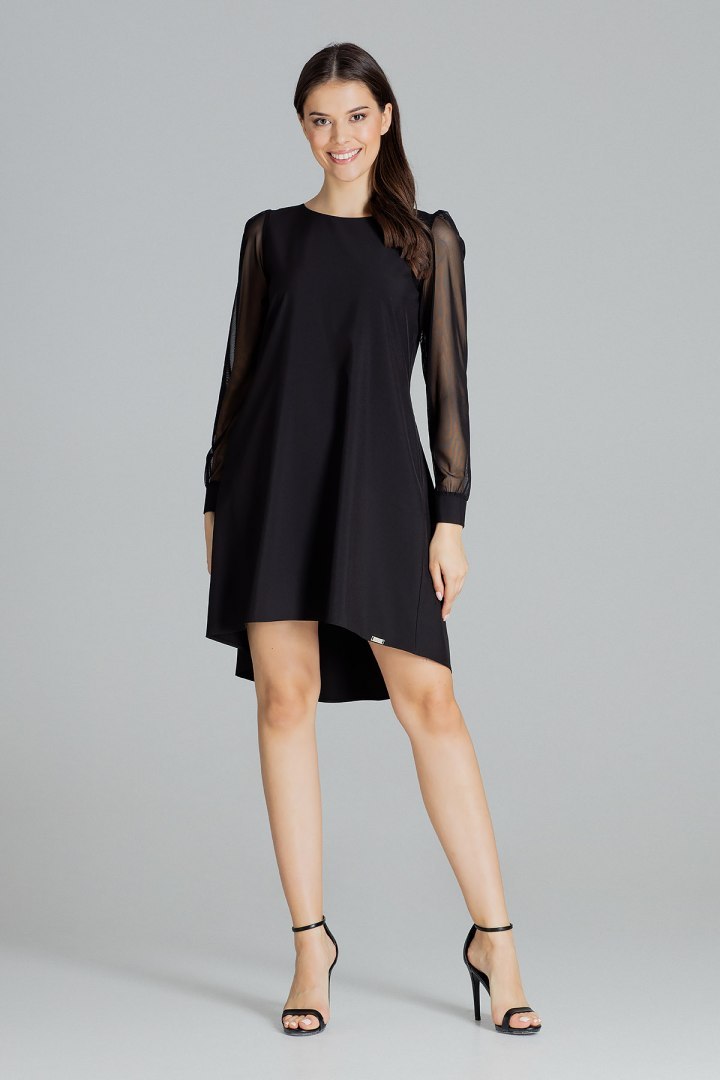 Elegancka sukienka midi z długim rękawem i dłuższym tyłem czarna L082 Elegancka sukienka midi z długim rękawem i dłuższym tyłem czarna L082