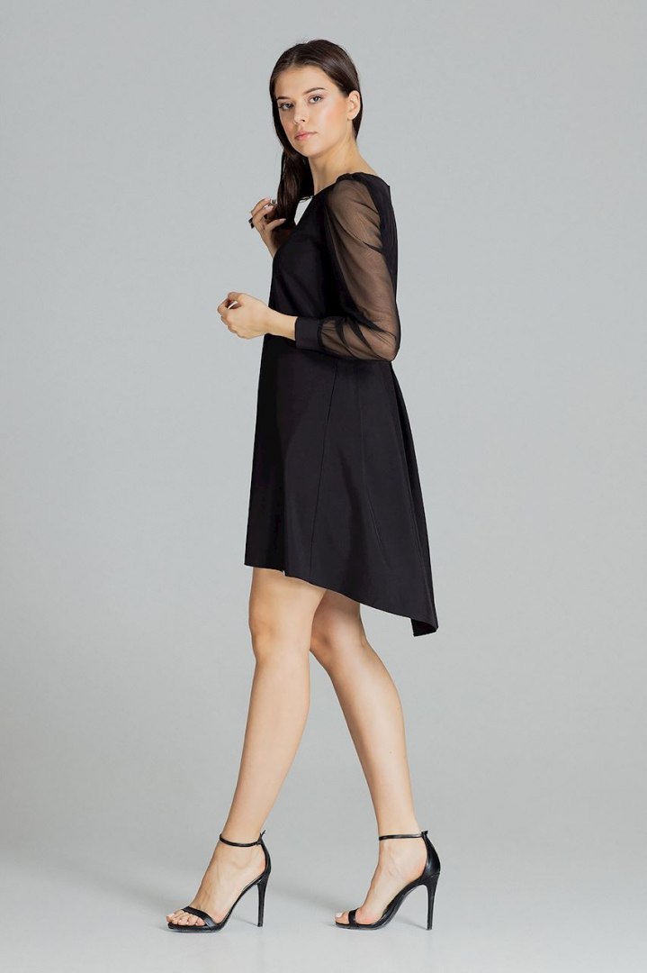 Elegancka sukienka midi z długim rękawem i dłuższym tyłem czarna L082 Elegancka sukienka midi z długim rękawem i dłuższym tyłem czarna L082