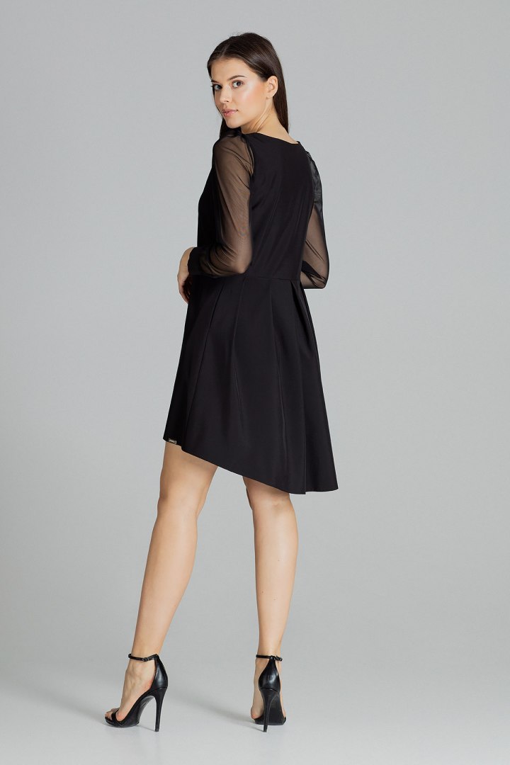 Elegancka sukienka midi z długim rękawem i dłuższym tyłem czarna L082 Elegancka sukienka midi z długim rękawem i dłuższym tyłem czarna L082