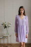 Zwiewna szyfonowa sukienka midi z długim marszczonym rękawem fioletowa L083