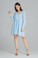 Zwiewna szyfonowa sukienka midi z długim marszczonym rękawem niebieska L083