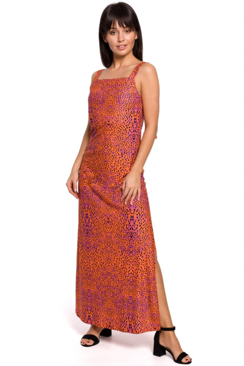 Letnia sukienka maxi na ramiączkach z nadrukiem pomarańczowa B152
