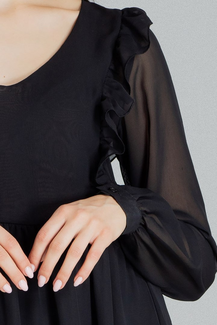 Zwiewna luźna sukienka szyfonowa midi z długim rękawem czarna L083 Zwiewna luźna sukienka szyfonowa midi z długim rękawem czarna L083