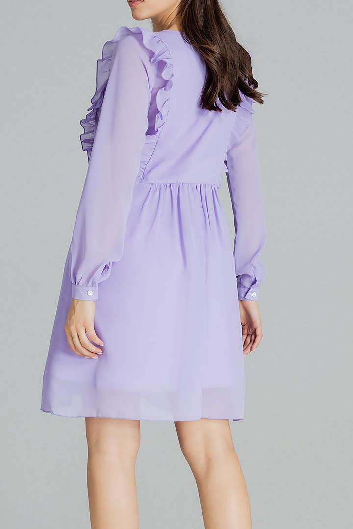 Zwiewna szyfonowa sukienka midi z długim marszczonym rękawem fioletowa L083