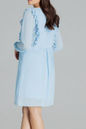 Zwiewna szyfonowa sukienka midi z długim marszczonym rękawem niebieska L083