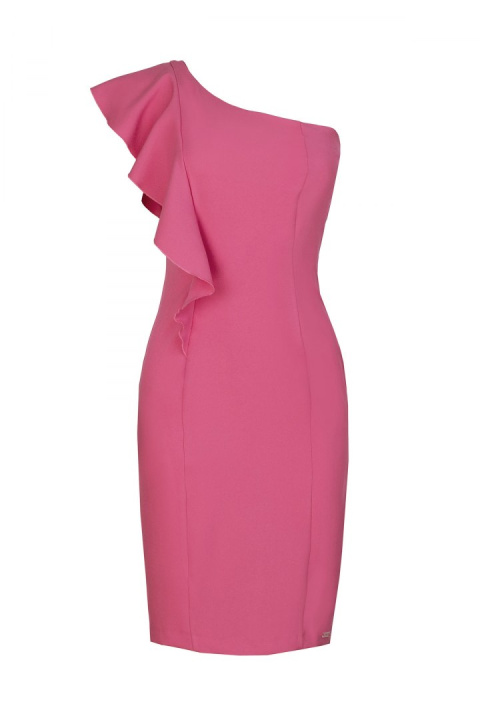 Elegancka sukienka dopasowana na jedno ramię z falbaną koralowa K488 Elegancka sukienka dopasowana na jedno ramię z falbaną koralowa K488