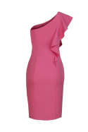 Elegancka sukienka dopasowana na jedno ramię z falbaną koralowa K488
