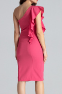 Elegancka sukienka dopasowana na jedno ramię z falbaną koralowa K488