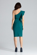Elegancka sukienka dopasowana na jedno ramię z falbaną zielona K488