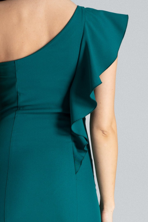 Elegancka sukienka dopasowana na jedno ramię z falbaną zielona K488 Elegancka sukienka dopasowana na jedno ramię z falbaną zielona K488