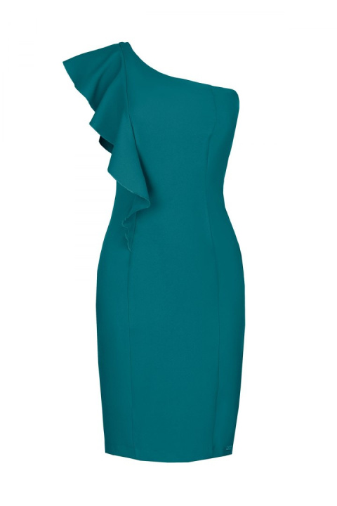 Elegancka sukienka dopasowana na jedno ramię z falbaną zielona K488 Elegancka sukienka dopasowana na jedno ramię z falbaną zielona K488