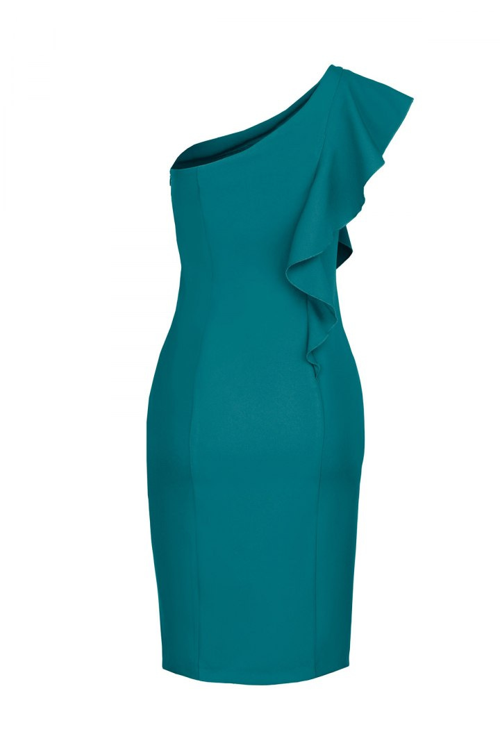 Elegancka sukienka dopasowana na jedno ramię z falbaną zielona K488