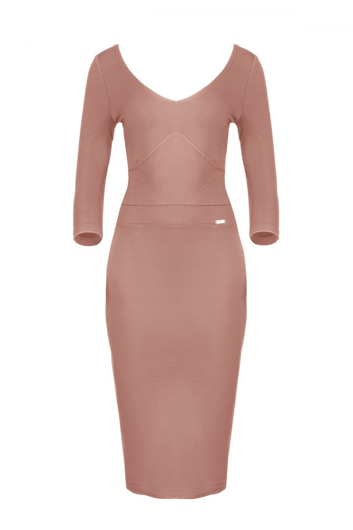 Elegancka sukienka midi z wiskozy dopasowana z dekoltem V brązowa K476 Elegancka sukienka midi z wiskozy dopasowana z dekoltem V brązowa K476