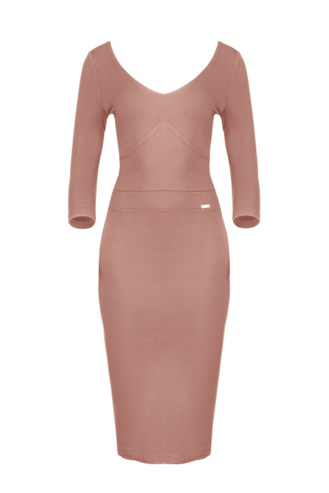 Elegancka sukienka midi z wiskozy dopasowana z dekoltem V brązowa K476 Elegancka sukienka midi z wiskozy dopasowana z dekoltem V brązowa K476