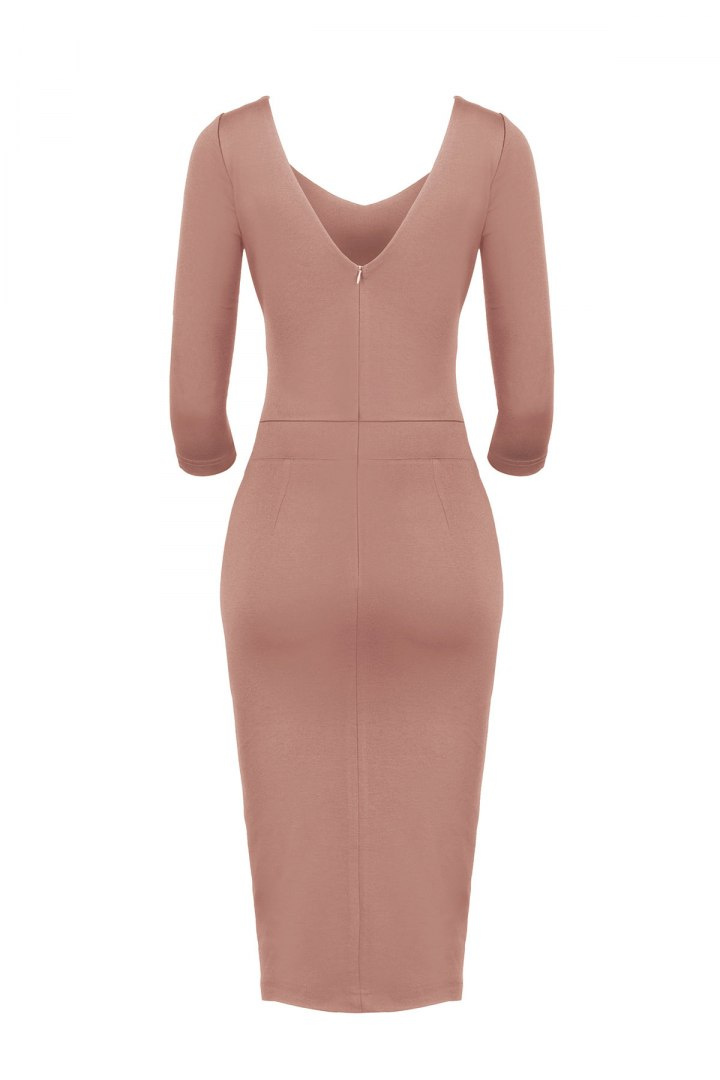 Elegancka sukienka midi z wiskozy dopasowana z dekoltem V brązowa K476 Elegancka sukienka midi z wiskozy dopasowana z dekoltem V brązowa K476