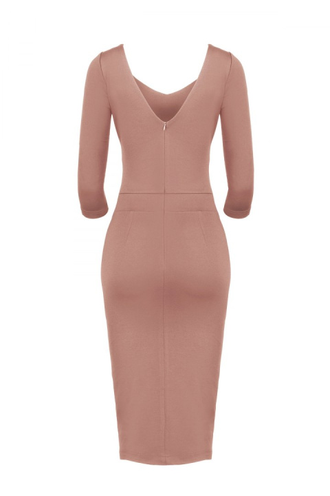 Elegancka sukienka midi z wiskozy dopasowana z dekoltem V brązowa K476 Elegancka sukienka midi z wiskozy dopasowana z dekoltem V brązowa K476