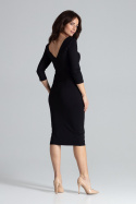 Elegancka sukienka midi z wiskozy dopasowana z dekoltem V czarna K476