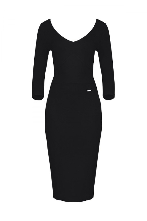 Elegancka sukienka midi z wiskozy dopasowana z dekoltem V czarna K476 Elegancka sukienka midi z wiskozy dopasowana z dekoltem V czarna K476