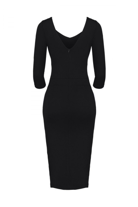 Elegancka sukienka midi z wiskozy dopasowana z dekoltem V czarna K476 Elegancka sukienka midi z wiskozy dopasowana z dekoltem V czarna K476