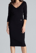 Elegancka sukienka midi z wiskozy dopasowana z dekoltem V czarna K476