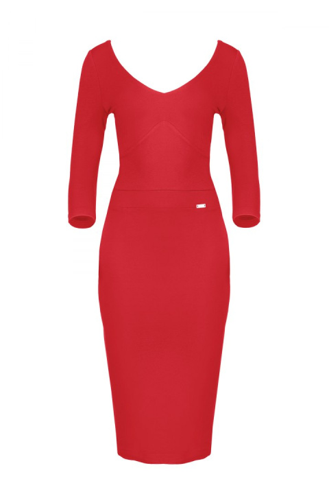 Elegancka sukienka midi z wiskozy dopasowana z dekoltem V czerwona K476 Elegancka sukienka midi z wiskozy dopasowana z dekoltem V czerwona K476