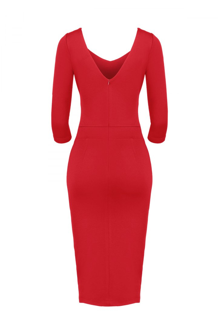 Elegancka sukienka midi z wiskozy dopasowana z dekoltem V czerwona K476 Elegancka sukienka midi z wiskozy dopasowana z dekoltem V czerwona K476