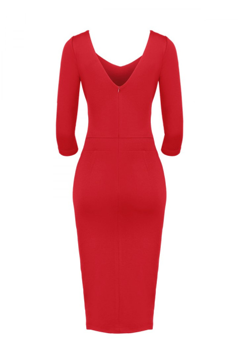 Elegancka sukienka midi z wiskozy dopasowana z dekoltem V czerwona K476 Elegancka sukienka midi z wiskozy dopasowana z dekoltem V czerwona K476