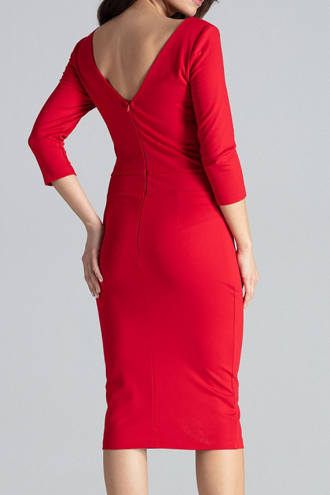 Elegancka sukienka midi z wiskozy dopasowana z dekoltem V czerwona K476 Elegancka sukienka midi z wiskozy dopasowana z dekoltem V czerwona K476
