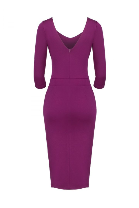 Elegancka sukienka midi z wiskozy dopasowana z dekoltem V fuksja K476 Elegancka sukienka midi z wiskozy dopasowana z dekoltem V fuksja K476