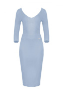 Elegancka sukienka midi z wiskozy dopasowana z dekoltem V niebieska K476