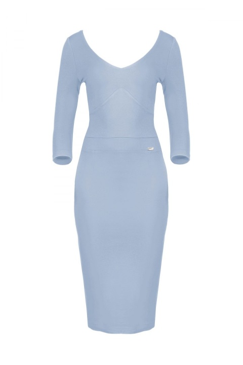 Elegancka sukienka midi z wiskozy dopasowana z dekoltem V niebieska K476 Elegancka sukienka midi z wiskozy dopasowana z dekoltem V niebieska K476