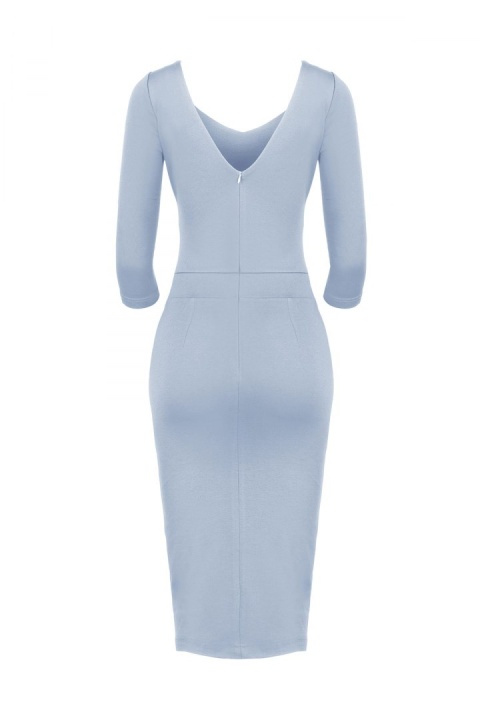 Elegancka sukienka midi z wiskozy dopasowana z dekoltem V niebieska K476 Elegancka sukienka midi z wiskozy dopasowana z dekoltem V niebieska K476